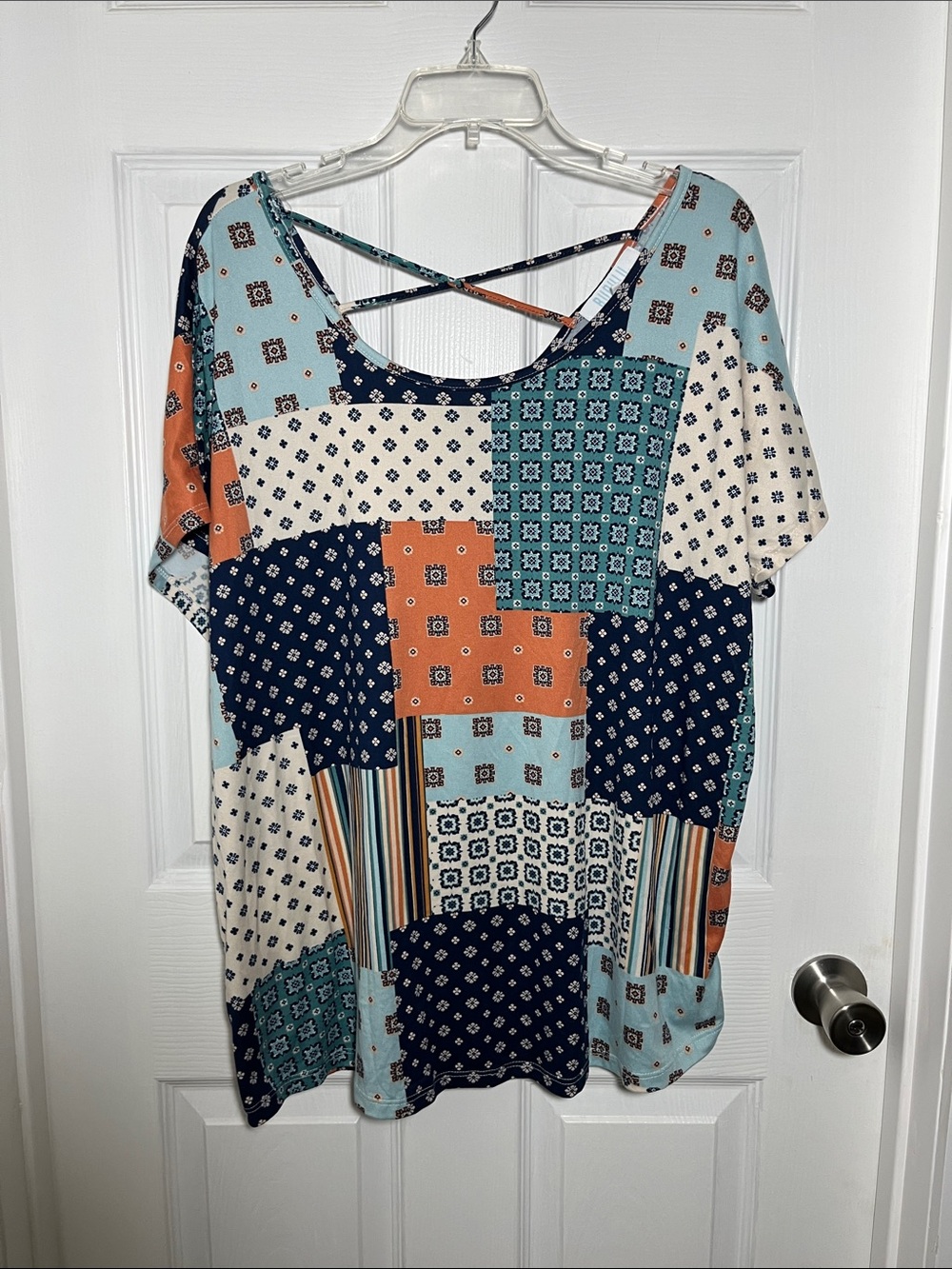 Bunulu Patchwork Print Short-Sleeve Tee with Crisscross Back